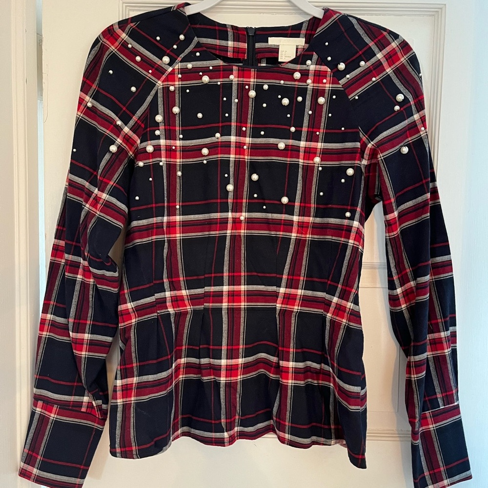 H&M Red and Black Plaid Peplum top with Pearl Accents